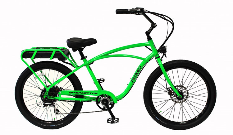 La foto di una bicicletta elettrica Pedego della serie Interceptor, con motore da 500 Watt colorata in lime green