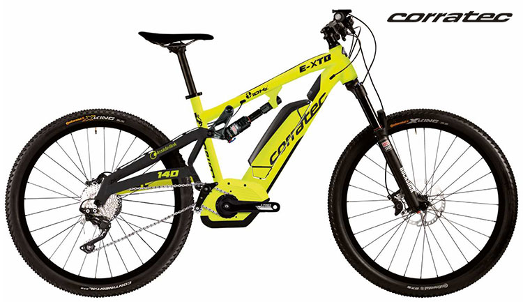 Una mountain bike elettrica Corratec E-XTB 10Hz CX 500 2017 di colore giallo
