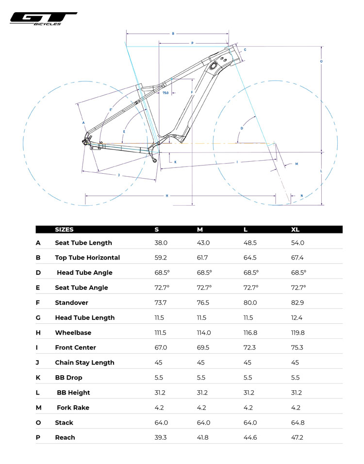 La tabella con le geometrie della GT-E Pantera 2020