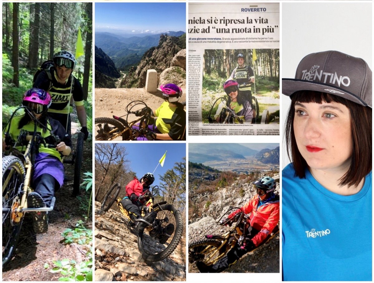 Un collage di foto di Daniela Preschern con la sua hand bike elettrica.
