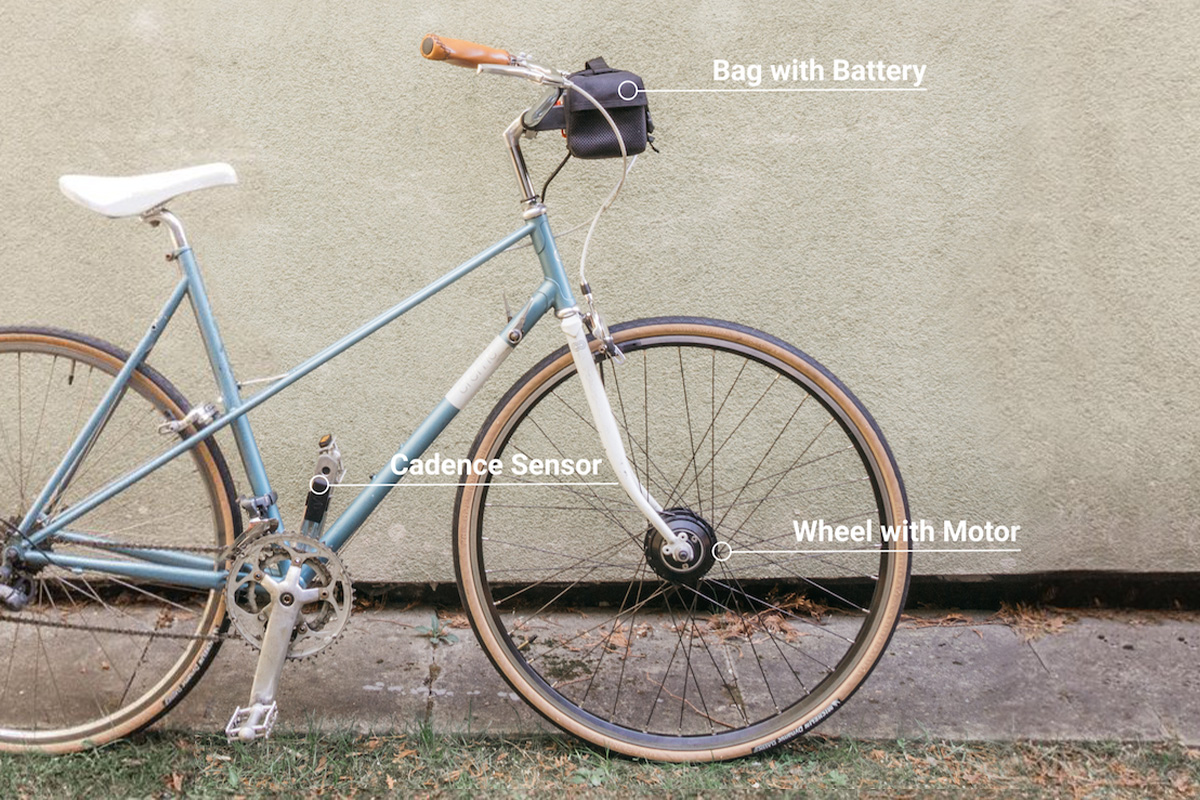 Una bici con il kit Vekkit montato e dettaglio dei vari pezzi