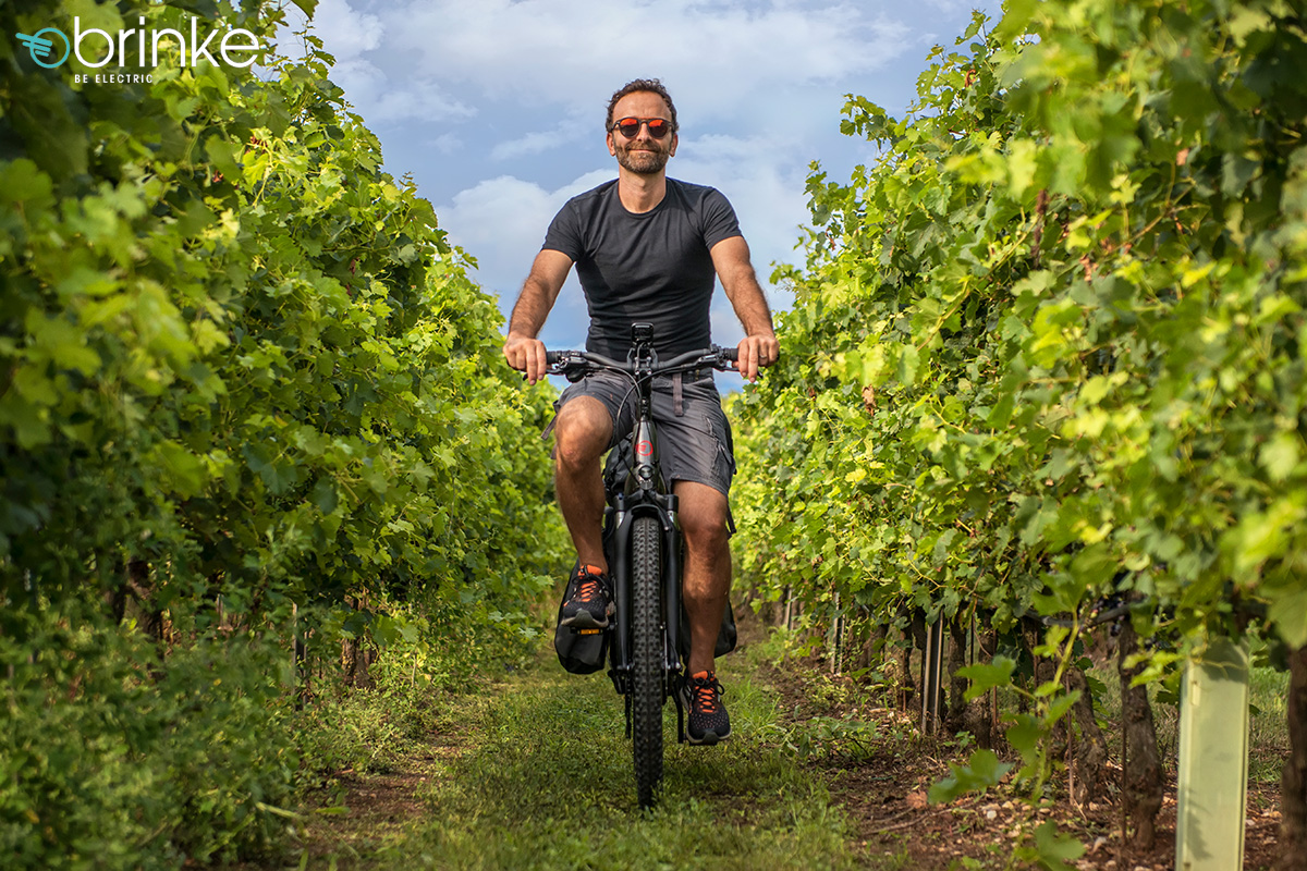 Uomo in sella alla Bici a pedalata assistita Brinke Overland Sport 2020 da trekking