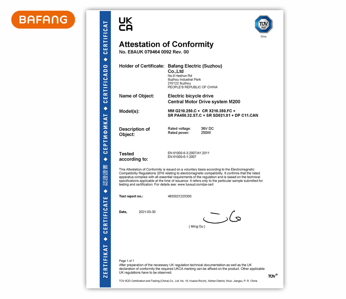 Una copia del certificato UK Conformity Assessment Marking (UKCA) ottenuto da Bafang per il motore centrale M200
