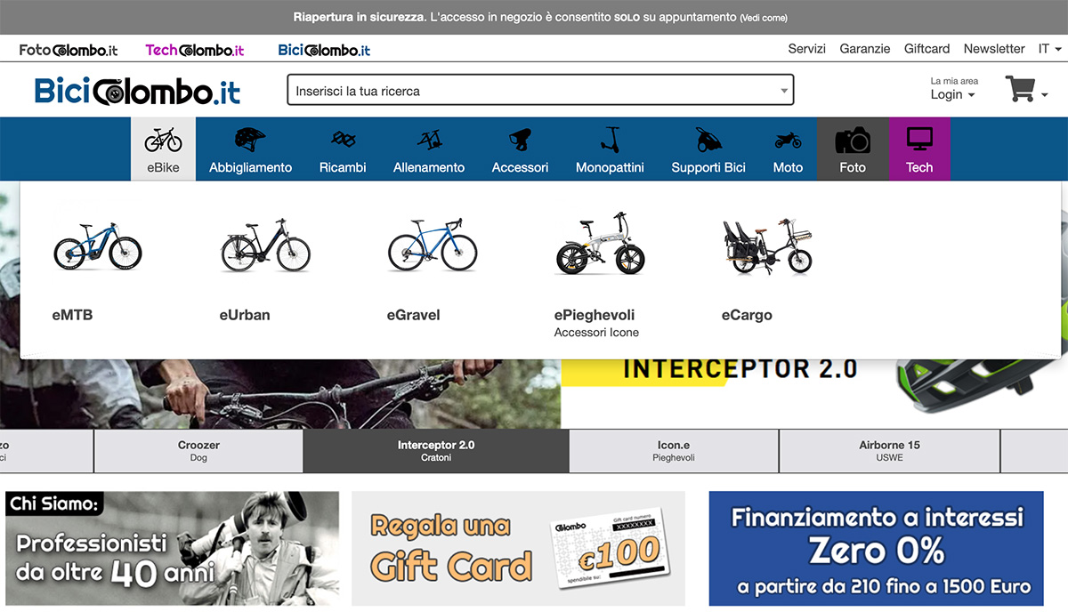 La schermata principale del sito die commerce per ebike Bicicolombo.it