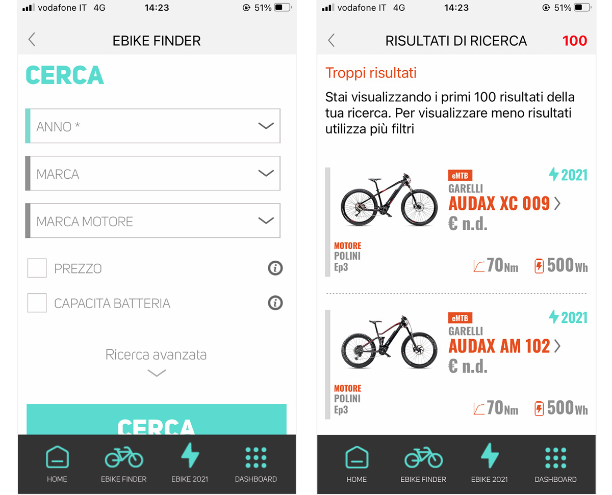 Le schermate dell'app BiciLive per la ricerca dei modelli ebike