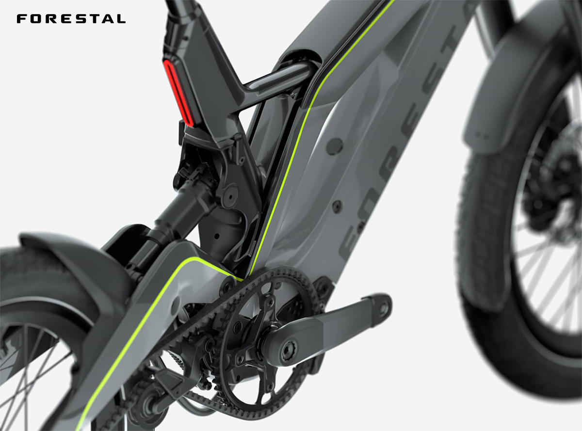 Dettaglio dell'ammortizzatore posteriore di un modello ebike urban Forestal Bike 2021