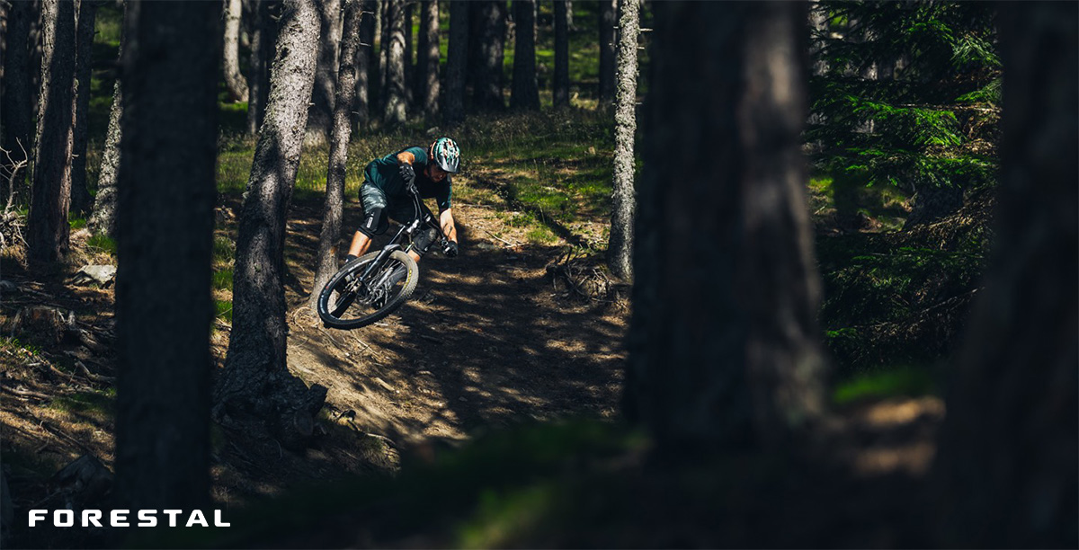Un rider pedala nel bosco in sella ad una nuova emtb Forestal Bike 2021