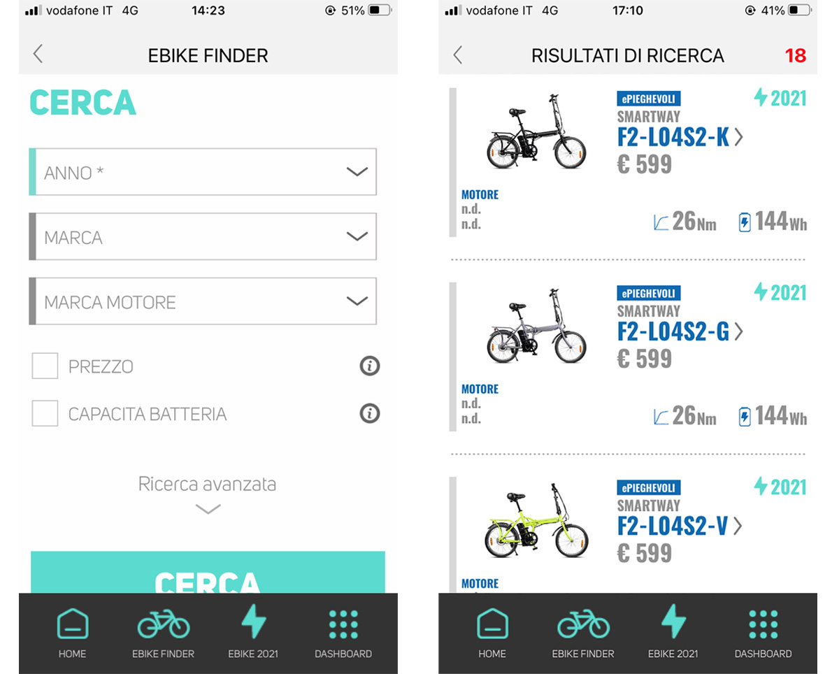 Le pagine della nuova app BiciLive utili a cercare le ebike adatte a qualsiasi esigenza