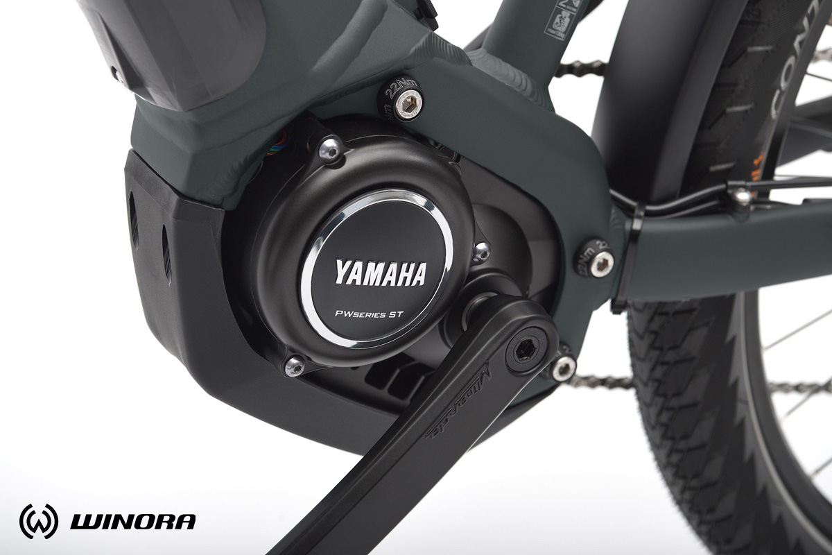 Dettaglio del motore Yamaha montato sulla nuova ebike da trekking Winora Yucatan 10 2021