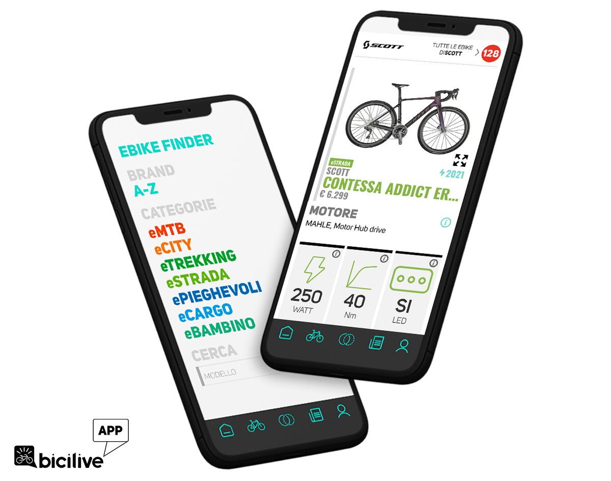 Uno smartphone che utilizza l'app BiciLive per la ricerca dei modelli ebike