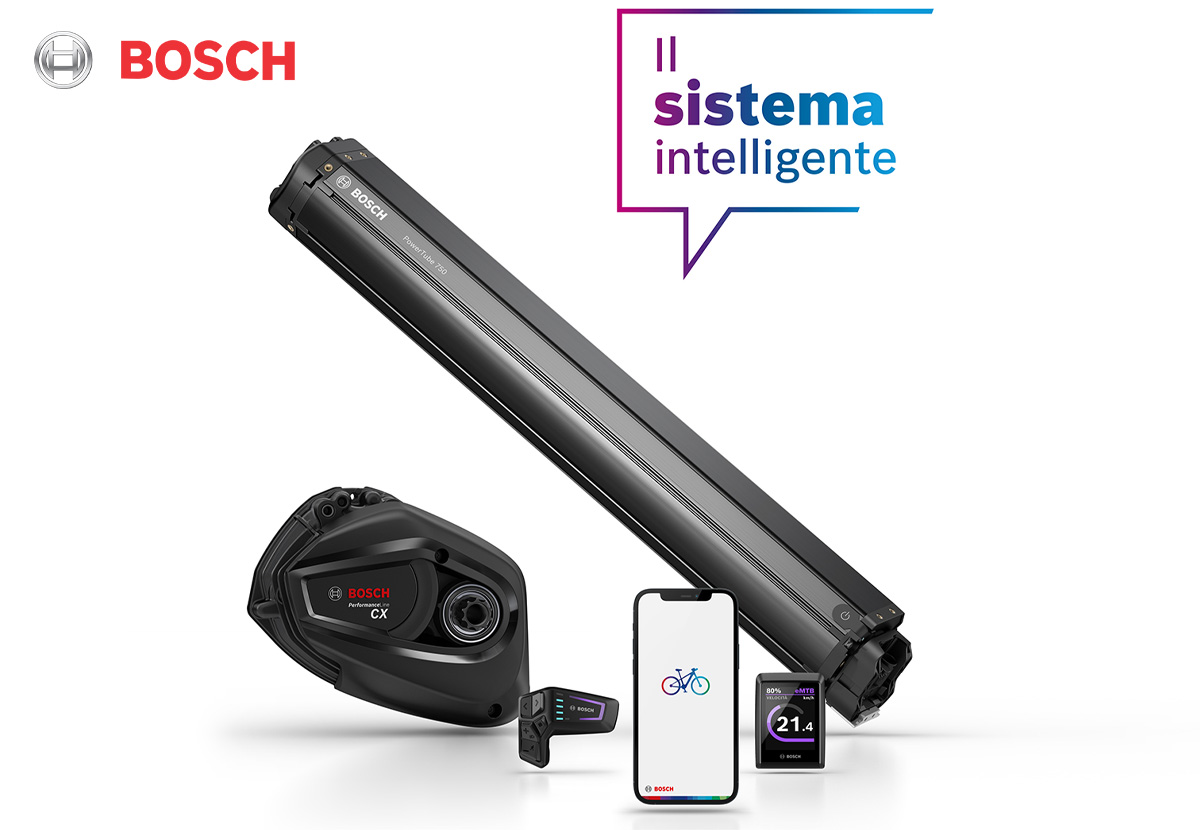Le componenti del nuovo Bosch Smart System: App eBike Flow, batteria da 750 Wh, caricabatterie da 4A, comando LED Remote e display Kiox 300