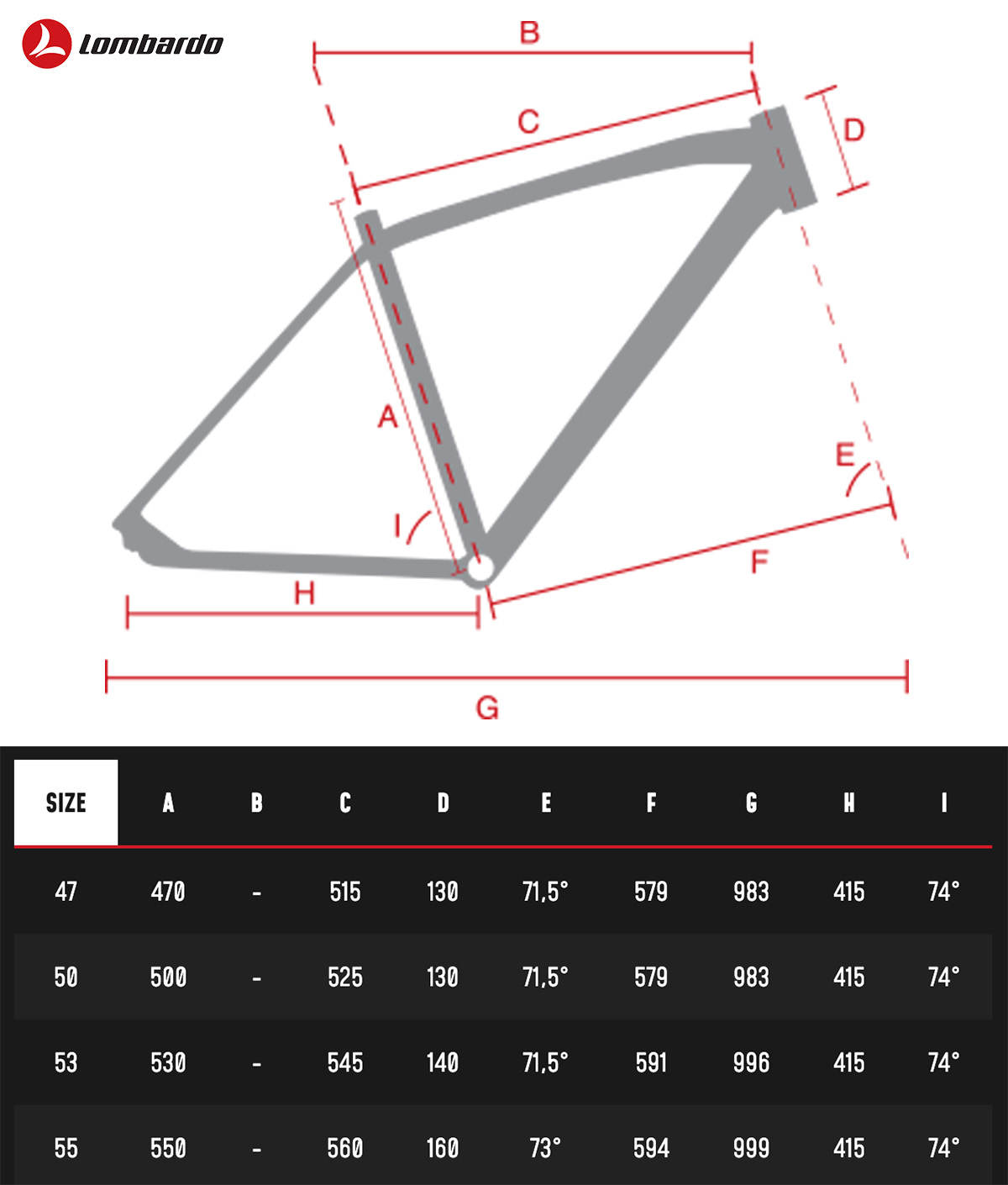 La tabella con le geometrie della nuova ebike da corsa Lombardo Mugello R52 2022