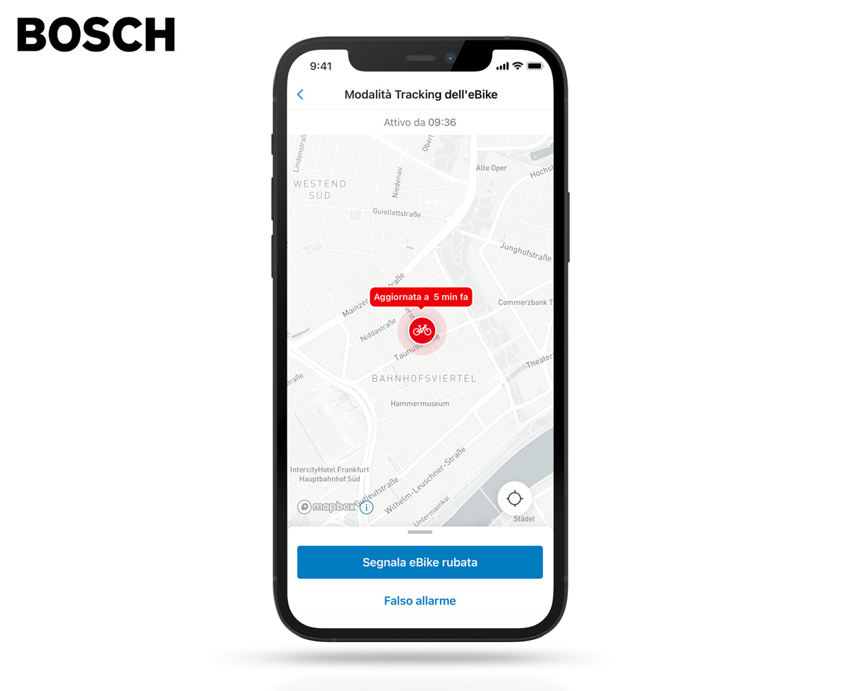 Una schermata mostra la modalità di trackign del Bosch eBike Alarm