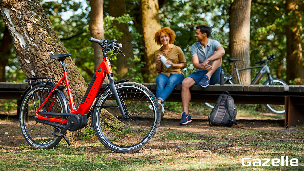 Cicloturisti al parco con e-bike Gazelle 2022