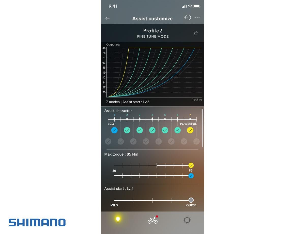 Uno smartphone mostra la schermata Fine Tune sull’App Shimano E-Tube Project