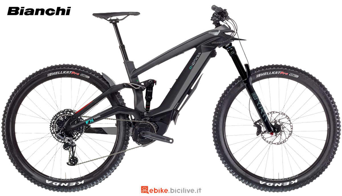 Una mountain bike elettrica full suspended Bianchi e-Omnia FX Type GX Eagle 2023