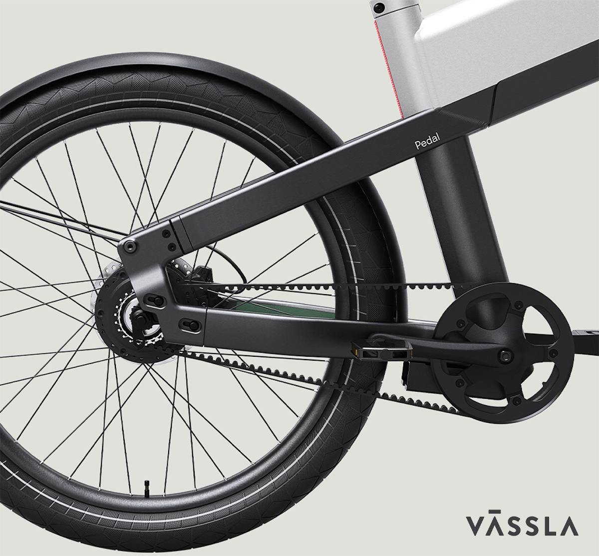 Dettaglio della trasmissione della nuova bici elettrica urbana Vassla Pedal 2023